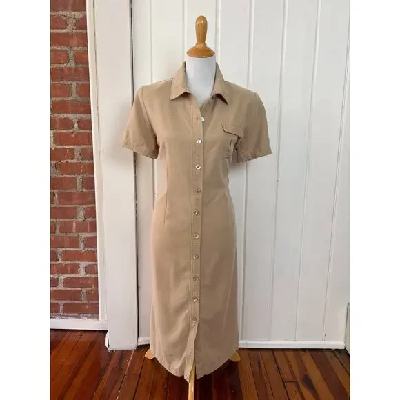 Vintage Y2K Talbots Button Front Shirt Dress Beige Midi Shell Buttons 10 - Picture 8 of 8